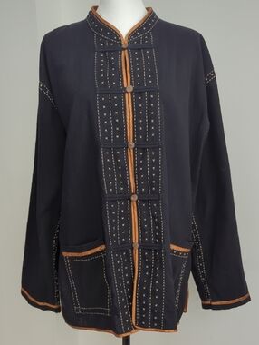 Black Embroidered Button-Front Blazer with Tan Trim